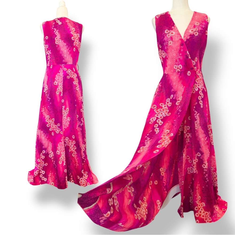 Vintage Evelyn Margolis Hilo Hattie Hawaiian Floral Print Maxi Gown Wrap Dress L